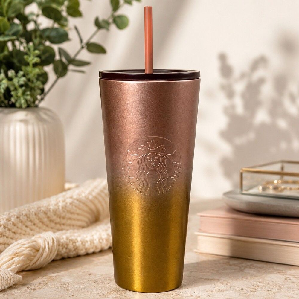 Starbucks Tumbler Rose Gold Pink Ombre Cold Cup  24oz Straw Reusable Travel New‎